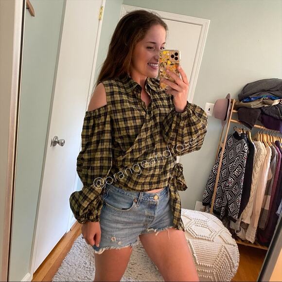 NWT GANNI Green Black Seersucker Wrap Collar Top M - Picture 2 of 14